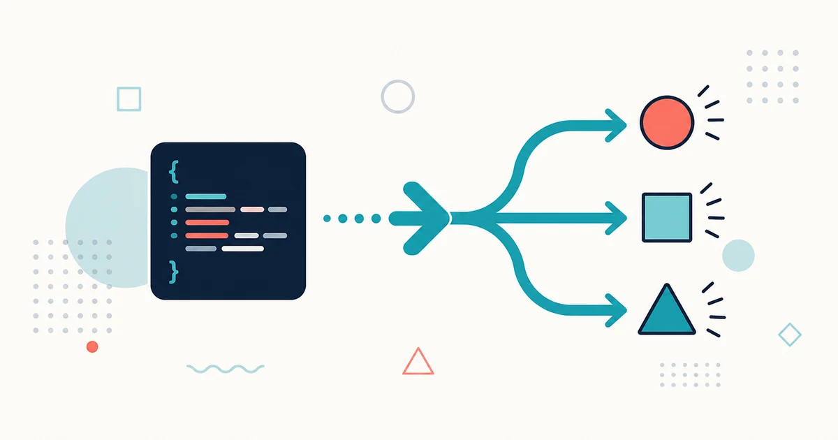 A compact JavaScript function flowing into a branching arrow and multiple outputs
