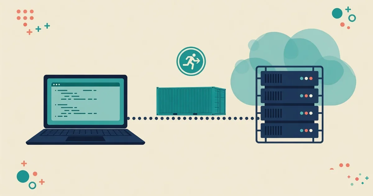 A laptop connected through a container pipeline to a CI runner server