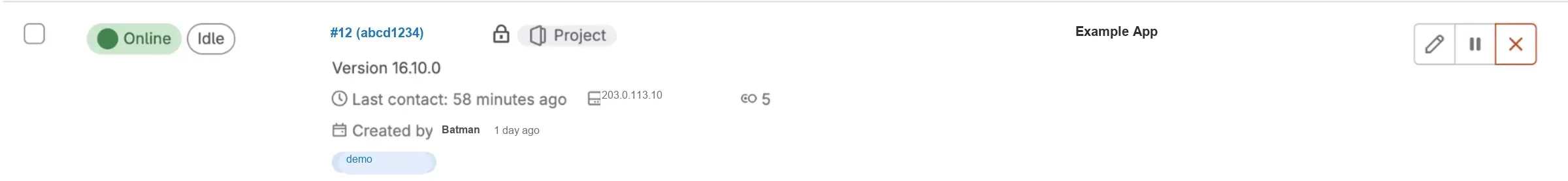 GitLab admin runners list showing an online project runner named Example App, version 16.10.0