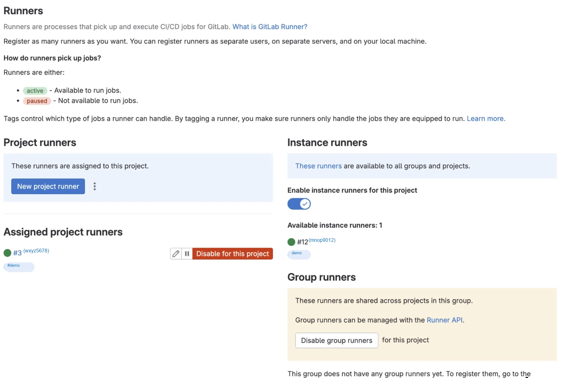 GitLab project Runners settings with a New project runner button, assigned project runners, and instance runners