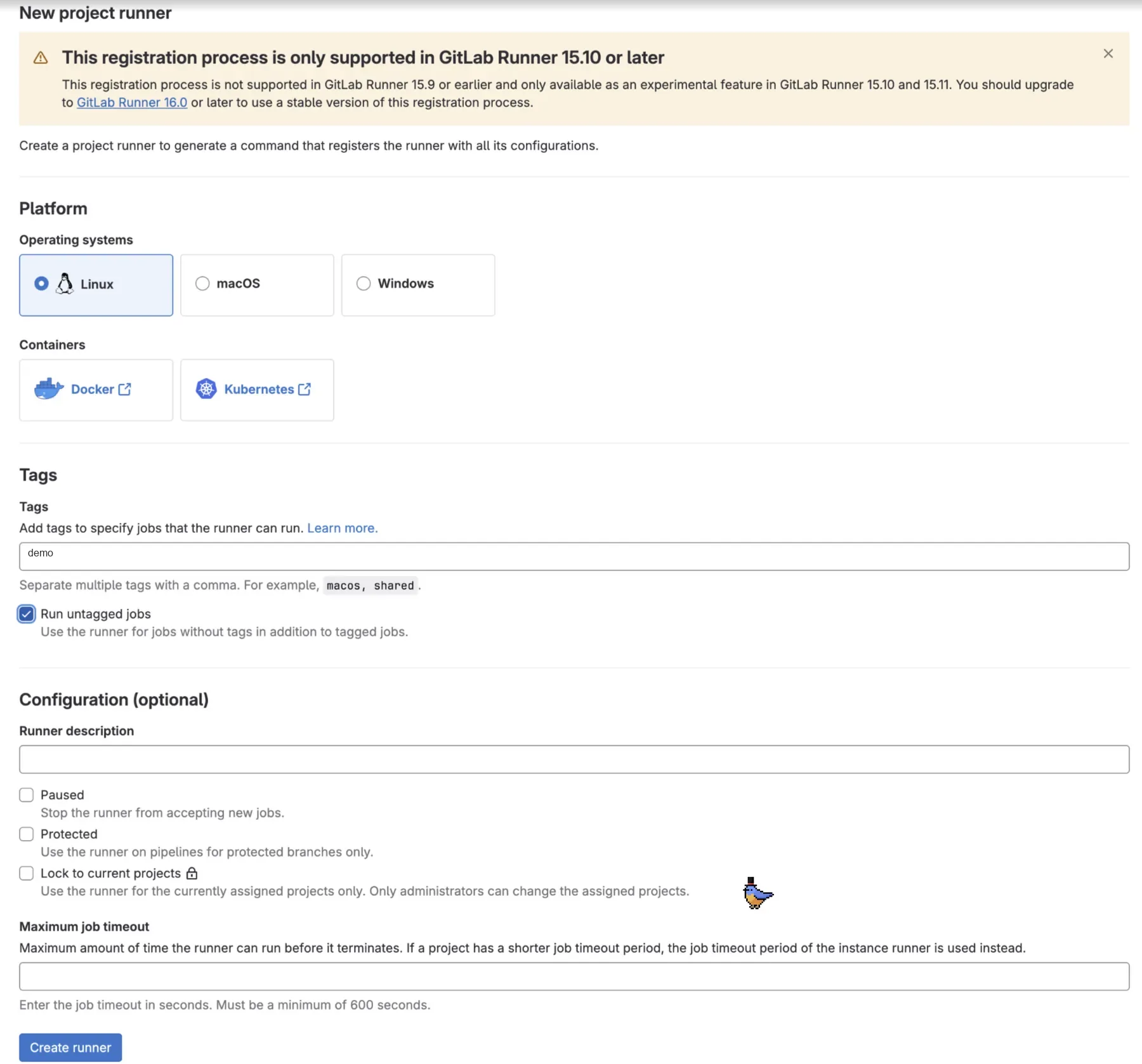 New project runner form with Linux, Docker, the demo tag, and Run untagged jobs selected