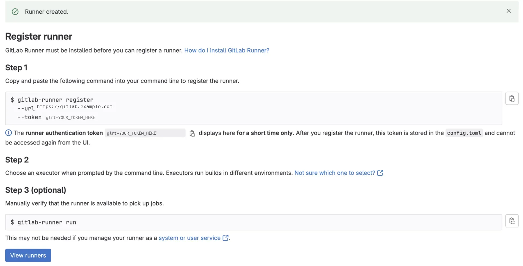 Register runner page after creation, with the GitLab URL and a placeholder authentication token