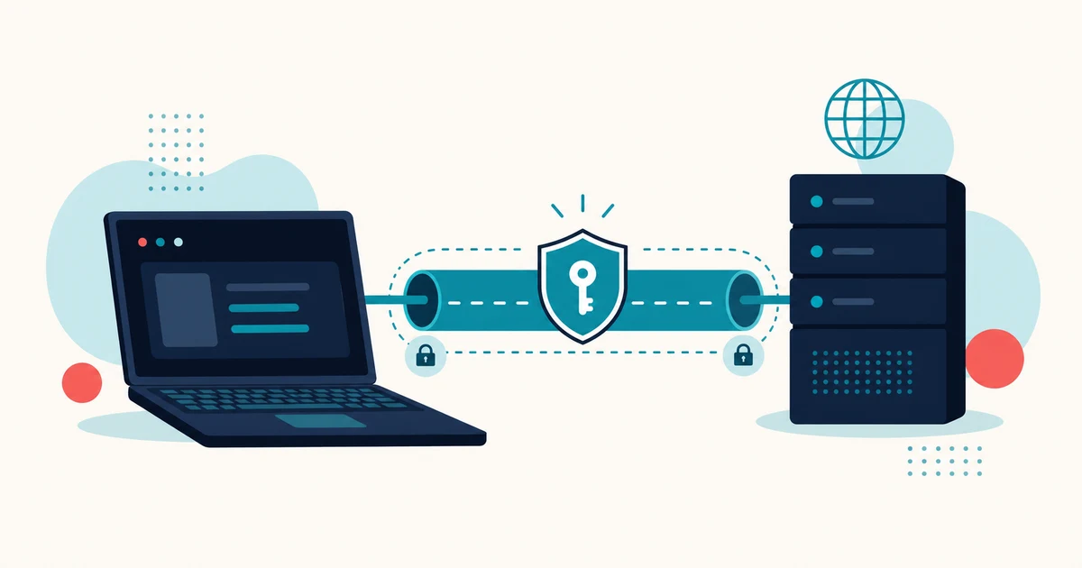 A laptop connected to a server through an encrypted private VPN tunnel